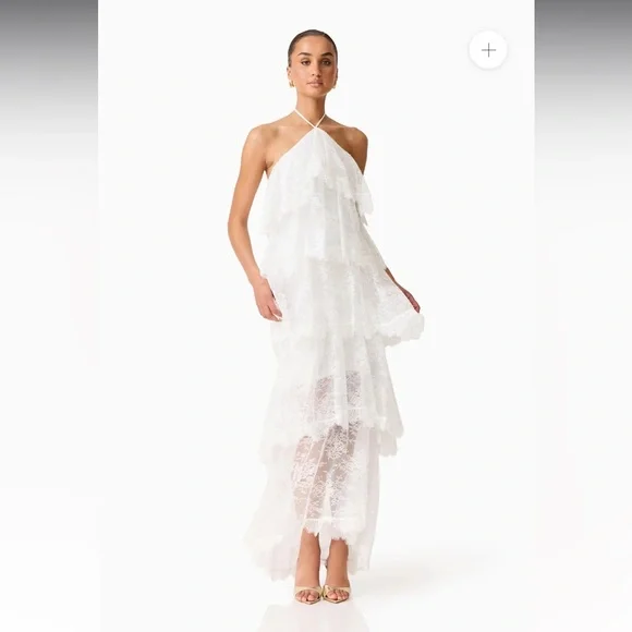 elliatt evelin white lace halter bridal ruffle tiered maxi gown dress medium NEW - Picture 5 of 15
